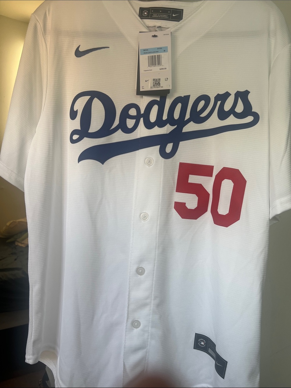 Nike Dodgers White Jersey with Blue Script and Red Number 50